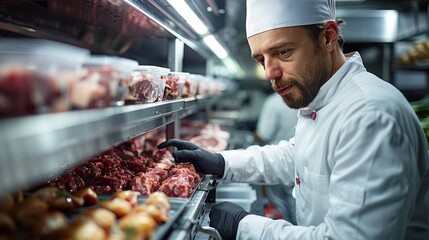 Focused male butcher in a chef's uniform measures the temperature of pork cuts in a refrigerated section, showcasing food safety and professionalism. - Powered by Adobe