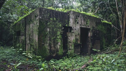 Fototapeta na wymiar Abandoned concrete structure in a jungle - Nature reclaims an abandoned concrete structure, ensnared by lush jungle greenery and the elements
