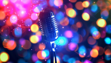 Microphone on colorful Bokeh neon,pastel background. Performance Microphone for speech singing...