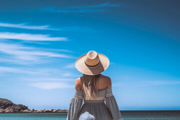 Young women walking on a tropical sandy beach and looking out to sea.