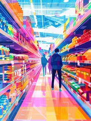 Abstract colorful supermarket aisles with figures - Two figures stroll down vibrant, color-saturated supermarket aisles in a dynamic and abstract representation