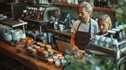 Mature male and female coffee shop owners or managers working together on a laptop among cups and pastries. The scene captures a busy and focused work environment.