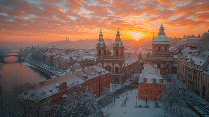 Fototapeta premium Breathtaking winter sunrise illuminates a snow-covered cityscape with historic buildings and a calm river. This serene scene captures the beauty of a cold, crisp morning. 