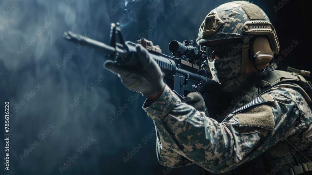 Wall mural soldier in camouflage holding a rifle - an armed soldier in full military gear aiming his rifle amid