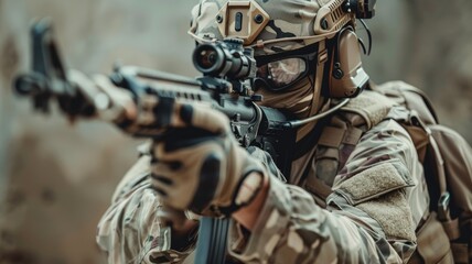 Special forces operator with a scoped rifle - A high-resolution image depicting a special forces operative with a scoped rifle in a tactical stance - obrazy, fototapety, plakaty