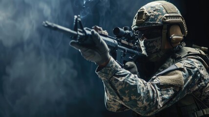 Soldier in camouflage holding a rifle - An armed soldier in full military gear aiming his rifle amidst a smoky backdrop, showcasing strength and defense - obrazy, fototapety, plakaty