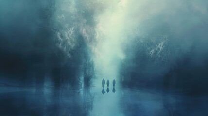 scene of a mirrored world split by a thin veil of mist, with figures passing between the two realms - obrazy, fototapety, plakaty