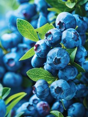 Up-close image of ripe garden blueberries - Macro photography showcases the detailed texture of plump blueberries ready for harvest against a lush green background - obrazy, fototapety, plakaty