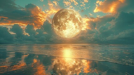   Full moon rising over water with beach in foreground - obrazy, fototapety, plakaty