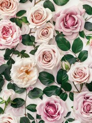 Assortment of roses on a pastel backdrop - An elegant selection of roses in various shades of pink and cream, beautifully laid out on a soft pastel background