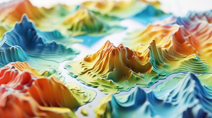 A 3D illustrated colorful landscape model with mountains, valleys, and lakes, showing topography and terrain features. - obrazy, fototapety, plakaty