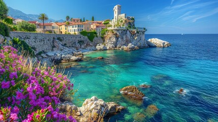 Stunning view of an ancient coastal village with vivid pink flowers in the foreground and a crystal-clear turquoise sea, perfect for travel and culture themes.