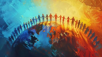 vibrant digital painting of a diverse group of people joining hands around a globe symbolizing unity equality and global cooperation - obrazy, fototapety, plakaty