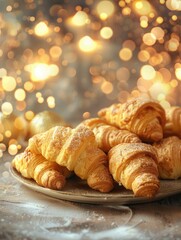 Golden croissants on a plate with warm bokeh - Freshly baked golden croissants are stacked on a ceramic plate against a warm glowing bokeh background