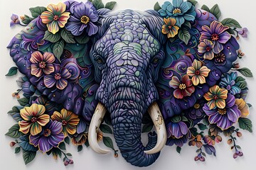 Mandala elephant with purple and green floral patterns on a white background in the diamond...