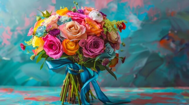 vibrant rainbowhued rose bouquet tied with shimmery blue ribbon colorful floral arrangement for festive occasions and celebrations