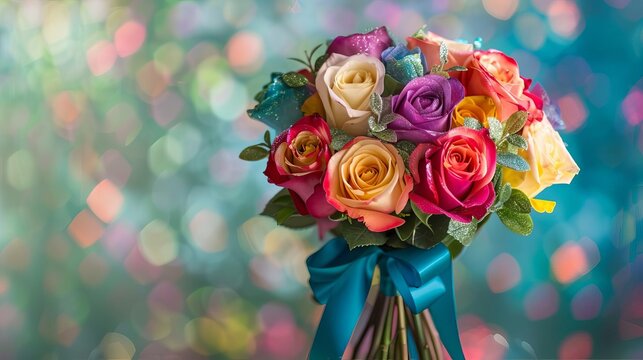 vibrant rainbowhued rose bouquet tied with shimmery blue ribbon colorful floral arrangement for festive occasions and celebrations