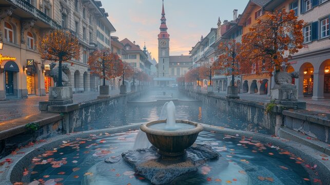 Serene autumn morning on Kramgasse Street, featuring a flowing fountain, vibrant fall foliage, and the iconic clock tower in the background, bathed in a soft, foggy light.