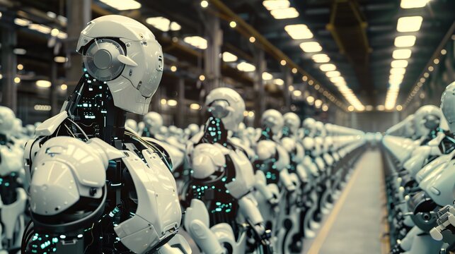 A large warehouse stock of robots in production with a selective focus on one cyborg. Robotic army of the future. Artificial intelligence. Science fiction. Illustration in technological style.