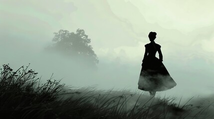 victorian woman in black dress walking away misty landscape isolated light background silhouette illustration