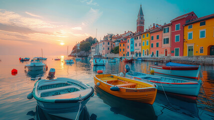 Stunning view of a serene marina at sunset in Piran town. Colorful boats and buildings reflect in the calm water, creating a picturesque setting. - obrazy, fototapety, plakaty