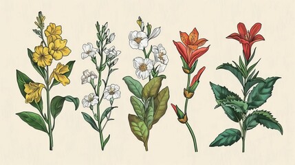 vintage botanical illustration of exotic flowers and foliage handdrawn sketch - obrazy, fototapety, plakaty