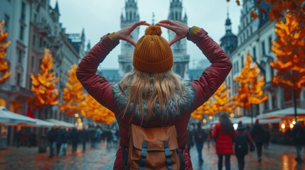 Back view of a young woman making a heart shape with her hands in a bustling city street decorated with festive lights and autumn colors.