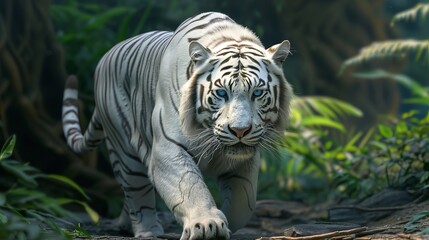The majestic White Tiger, Bai Hu, a symbol of the West and the element of metal, strides with silent grace across the celestial realms. Its fur, a radiant white that gleams under the sun - obrazy, fototapety, plakaty