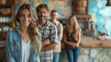 Fototapeta premium Joyful group of young adults in a casual setting inside a stylish, rustic cafe. The focus is on a smiling woman with friends blurred in the backdrop.