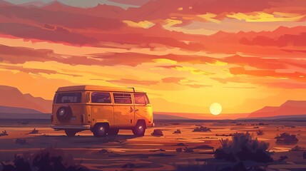 vintage van on road trip through desert at sunset nomadic adventure seeking freedom and escape in nature digital illustration