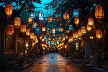 Night, Chang'an Street in the Tang Dynasty, lively lantern party, lanterns, lantern party, overhead...