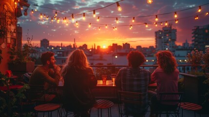 Group of young, stylish friends gather on an urban rooftop, surrounded by lights, enjoying a sunset together. The scene conveys warmth, friendship, and relaxation in a city setting.