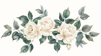 watercolor floral frame with white cream roses and green leaves delicate handpainted natural border illustration