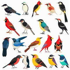 Fototapeta premium Birds Flat Icon, Birding Species Set Isolated, Exotic Bird Collection on White Background