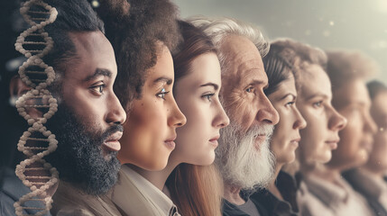 A diverse group of people, including young and old men and women with different skin tones and hair textures, standing side by side against the backdrop of DNA strands.  unity among various ages, race