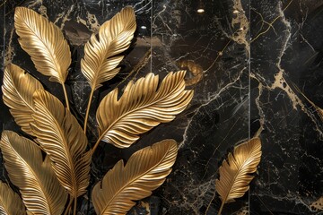 Elegant Golden Feather Accents on Luxurious Marble Texture