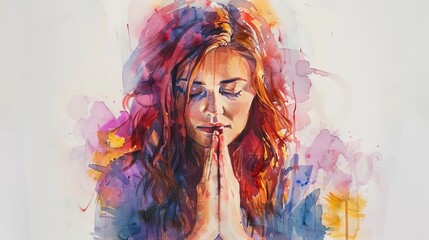 Fototapeta premium watercolor painting of a woman praying with folded hands spiritual and meditative illustration