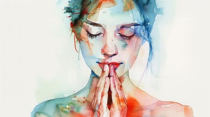 watercolor painting of a woman praying with folded hands spiritual and meditative illustration