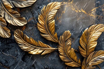 Elegant Golden Feather Accents on Luxurious Marble Texture