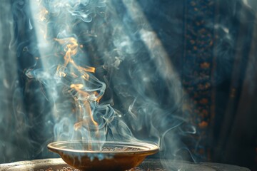 Incense Burning, Traditional Aroma Incense Smoke, Arabian Bakhoor Burning in a Ray of Light