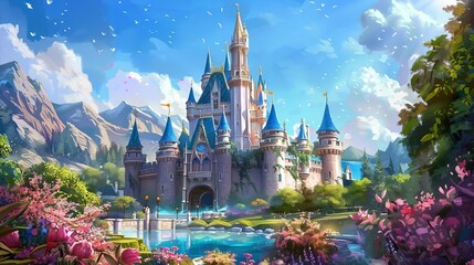 whimsical fairy tale castle with towering turrets and lush gardens storybook digital painting