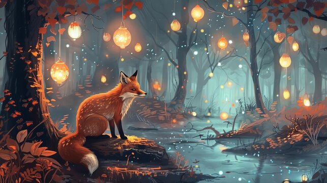 whimsical digital illustration of a curious fox exploring a magical autumn forest filled with floating lanterns and enchanted creatures
