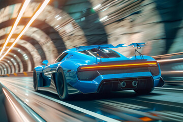 Back view of blue sports car in tunnel with motion blur effect. Futuristic sports car at night road...