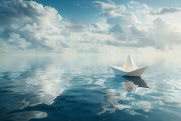 Solitary paper boat floats on surface of sea, Concept of calm and simplicity