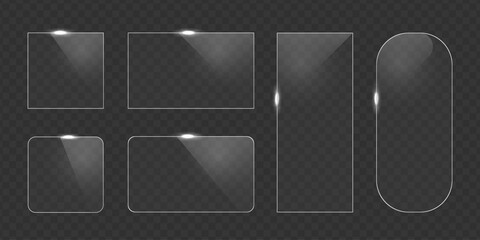 Vector glass frame. Isolated on transparent background. Glass banner realistic. Acrylic banner with glow effect 