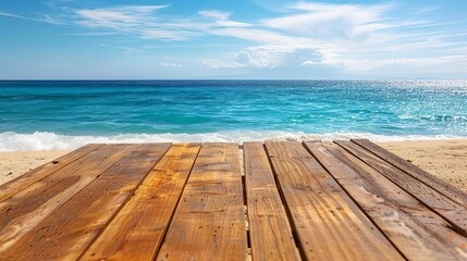 Fototapeta premium wooden table on beach with ocean water next to it tropical vacation and relaxation concept travel photography