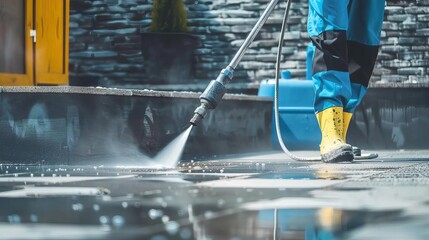 worker pressure washing concrete driveway with industrial power washer water blasting surface for deep cleaning outdoor maintenance services