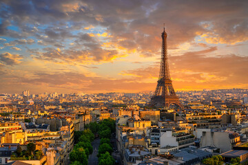 Skyline of Paris with Eiffel Tower in Paris, France. Panoramic sunset view of Paris