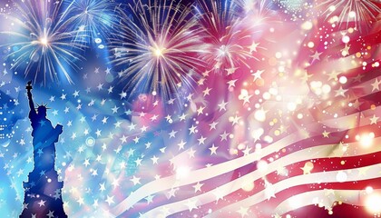 A patriotic poster with a statue of liberty and fireworks in the background