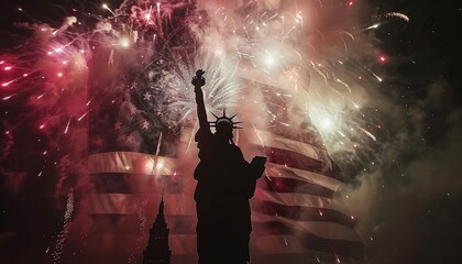 A statue of liberty is silhouetted against a backdrop of fireworks - obrazy, fototapety, plakaty